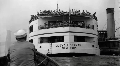 The historic Floating Hospital ship Lloyd I. Seaman with passengers waving from the decks